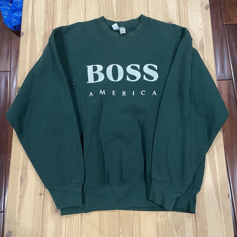 Vintage 90s BOSS America Pro Spirit Sweater Green Crewneck Pullover Sweatshirt L